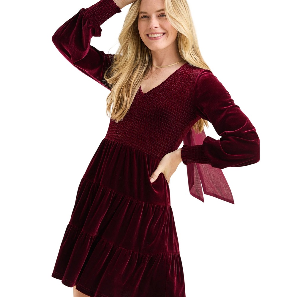 Altar'd State Izabella Velvet Mini Dress Womens Large Maroon Smocked‎ Tiered